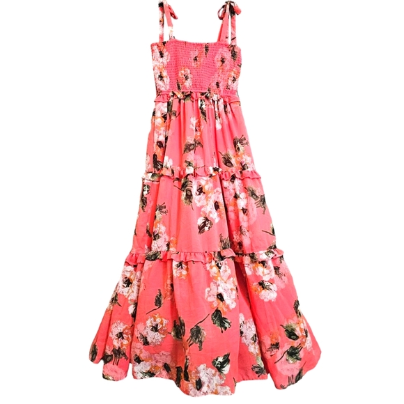 Nwot Stylish Nature Coral Pink Floral Smocked Elastic Bodice Tiered Maxi… - Picture 4 of 15
